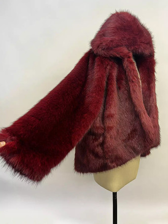 レディース向けバーガンディフード付きフェイクファージャケット 2025