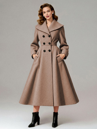ラクダ色 ヴィンテージ ダブルブレスト Aライン ウールコート（ショールカラー）レディース 2025