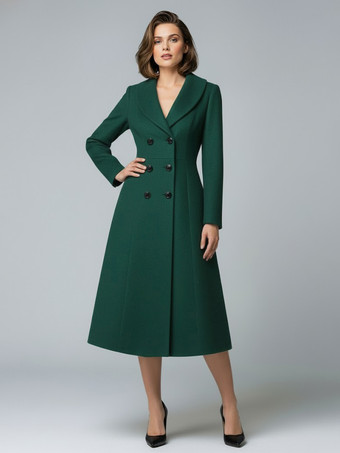 グリーン ウールダブルブレストAラインミディコート（ショールカラー、レディース）2025年モデル