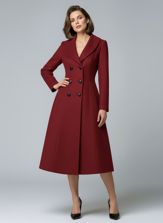 ワインレッド ウールダブルブレストAラインミディコート（ショールカラー、レディース）2025年モデル