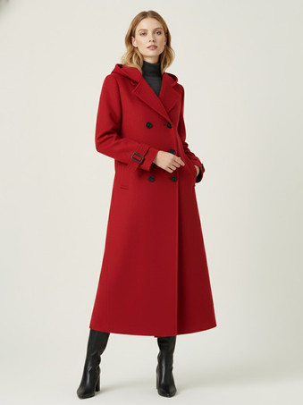 レッド フード付きダブルブレストロングウールコート（袖口タブ付き、レディース）2025年モデル