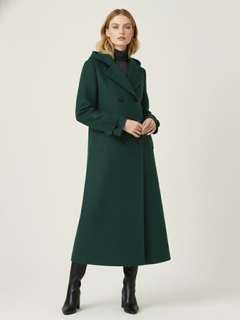 グリーン フード付きダブルブレストロングウールコート（袖口タブ付き、レディース）2025年モデル