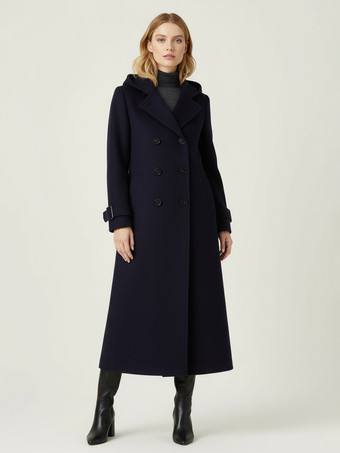 ダークネイビーフード付きダブルブレストロングウールコート（袖口タブ付き、レディース）2025年モデル