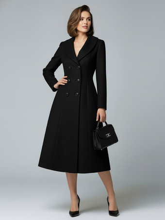ブラック ウールダブルブレストAラインミディコート（ショールカラー、レディース）2025年モデル