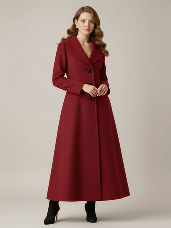 ワインレッド ショールカラーのフルレングスウールコート（レディース）2025