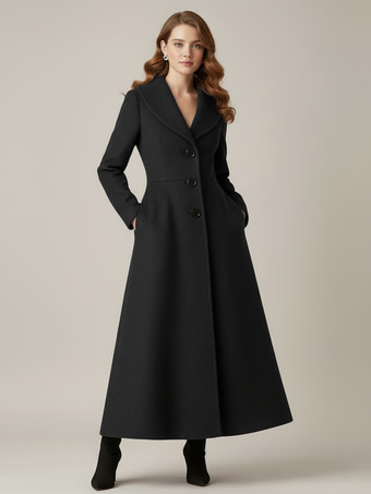 ブラック ショールカラーのフルレングスウールコート（レディース）2025