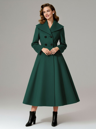 グリーン ヴィンテージ ダブルブレスト Aライン ウールコート（ショールカラー）レディース 2025