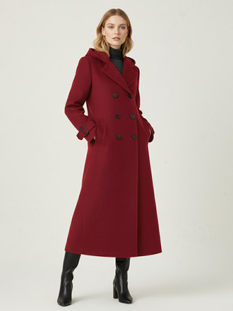 ワインレッド フード付きダブルブレストロングウールコート（袖口タブ付き、レディース）2025年モデル