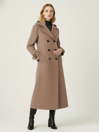 ラクダ色 フード付きダブルブレストロングウールコート（袖口タブ付き、レディース）2025年モデル