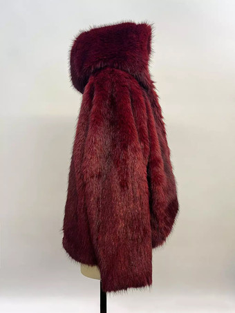 レディース向けバーガンディフード付きフェイクファージャケット 2025