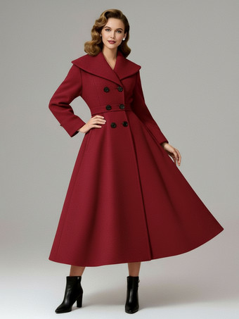 ワインレッド ヴィンテージ ダブルブレスト Aライン ウールコート（ショールカラー）レディース 2025