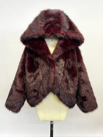 マルーンフード付きフェイクファーコート ハイローデザイン 冬用ジャケット レディース 2025