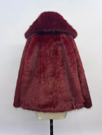 レディース向けバーガンディフード付きフェイクファージャケット 2025