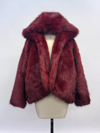 レディース向けバーガンディフード付きフェイクファージャケット 2025