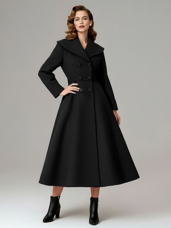 ブラック ヴィンテージ ダブルブレスト Aライン ウールコート（ショールカラー）レディース 2025