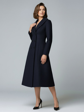ダークネイビーウールダブルブレストAラインミディコート（ショールカラー、レディース）2025年モデル