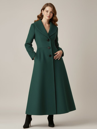 グリーン ショールカラーのフルレングスウールコート（レディース）2025