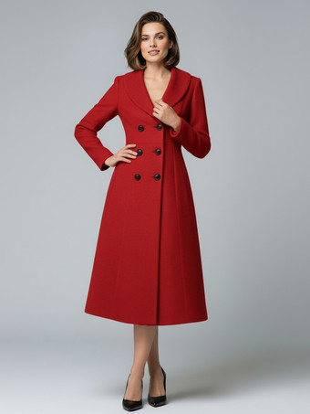 レッド ウールダブルブレストAラインミディコート（ショールカラー、レディース）2025年モデル