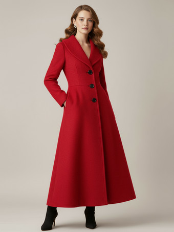 レッド ショールカラーのフルレングスウールコート（レディース）2025