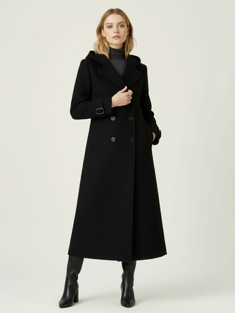 ブラック フード付きダブルブレストロングウールコート（袖口タブ付き、レディース）2025年モデル