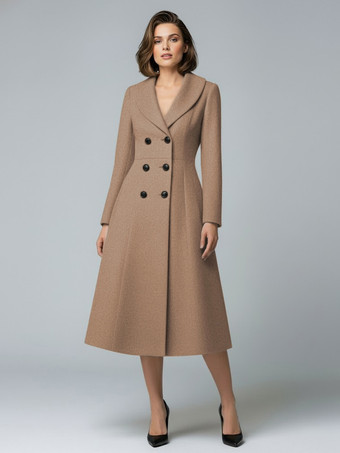 ラクダ色 ウールダブルブレストAラインミディコート（ショールカラー、レディース）2025年モデル