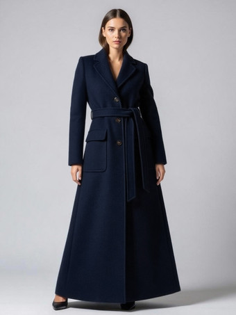 ダークネイビーベルト付きフルレングスマキシウールコート（ラペルと大きなポケット付き、レディース向け）2025年モデル