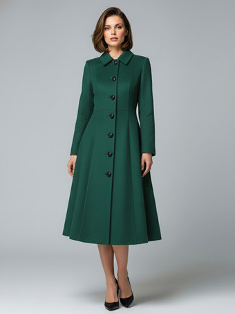 グリーン シャツカラーのウールAラインミディコート（レディース）2025