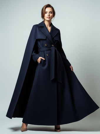 ダークネイビー取り外し可能なケープとベルト付きマキシダブルブレストウールコート（レディース 2025）