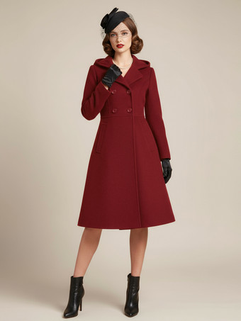 ワインレッド ヴィンテージ フード付き Aライン ダブルブレスト ウール ミディコート レディース 2025