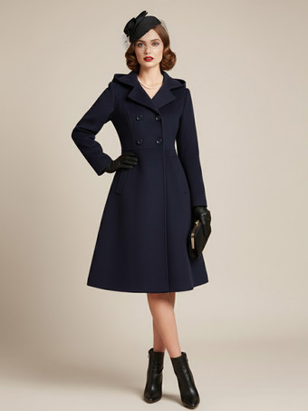 ダークネイビーヴィンテージ フード付き Aライン ダブルブレスト ウール ミディコート レディース 2025