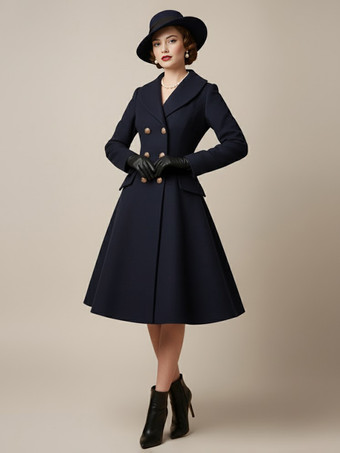 ダークネイビーヴィンテージAライン ダブルブレスト ウール フレア ミディコート レディース 2025