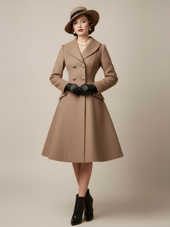 ラクダ色 ヴィンテージAライン ダブルブレスト ウール フレア ミディコート レディース 2025