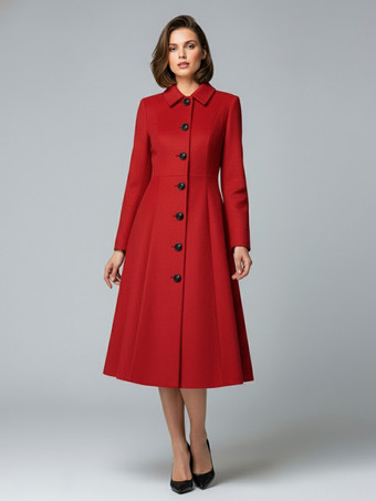 レッド シャツカラーのウールAラインミディコート（レディース）2025