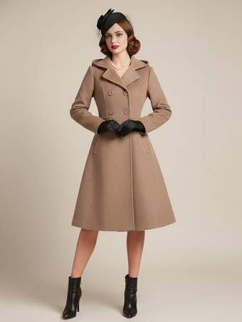 ラクダ色 ヴィンテージ フード付き Aライン ダブルブレスト ウール ミディコート レディース 2025