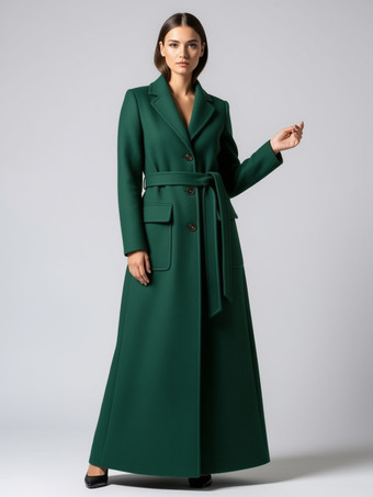 グリーン ベルト付きフルレングスマキシウールコート（ラペルと大きなポケット付き、レディース向け）2025年モデル
