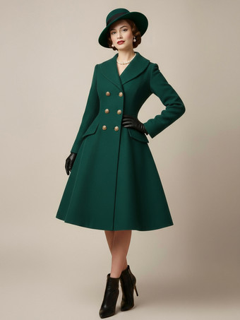 グリーン ヴィンテージAライン ダブルブレスト ウール フレア ミディコート レディース 2025