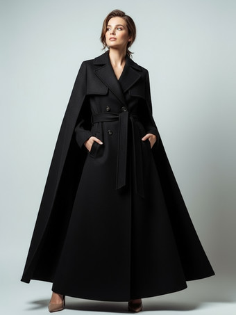 ブラック 取り外し可能なケープとベルト付きマキシダブルブレストウールコート（レディース 2025）