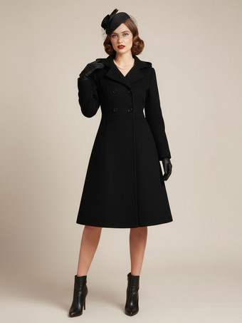 ブラック ヴィンテージ フード付き Aライン ダブルブレスト ウール ミディコート レディース 2025