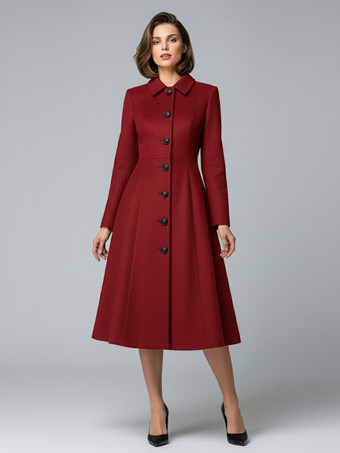 ワインレッド シャツカラーのウールAラインミディコート（レディース）2025