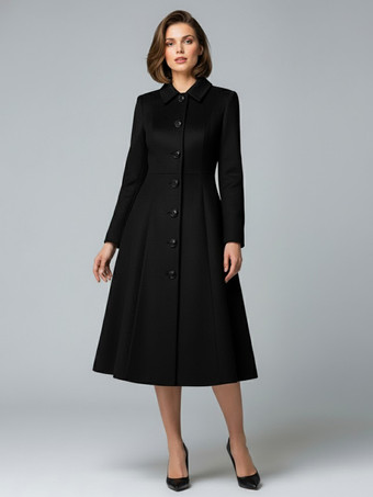 ブラック シャツカラーのウールAラインミディコート（レディース）2025