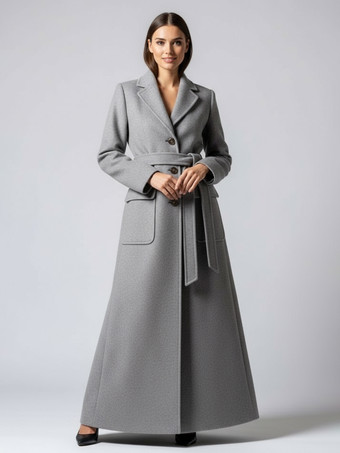 グレイベルト付きフルレングスマキシウールコート（ラペルと大きなポケット付き、レディース向け）2025年モデル