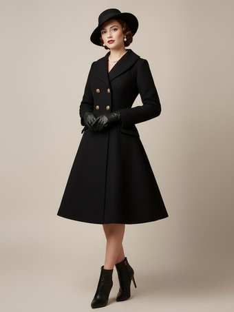 ブラック ヴィンテージAライン ダブルブレスト ウール フレア ミディコート レディース 2025