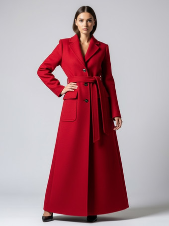レッド ベルト付きフルレングスマキシウールコート（ラペルと大きなポケット付き、レディース向け）2025年モデル