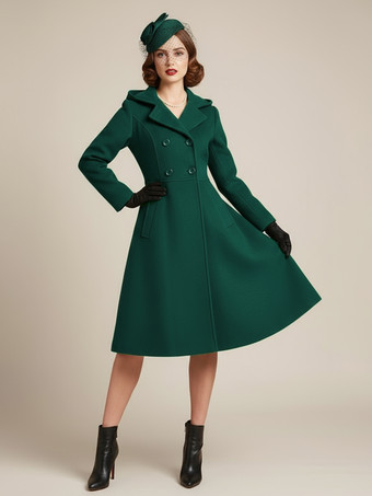 グリーン ヴィンテージ フード付き Aライン ダブルブレスト ウール ミディコート レディース 2025