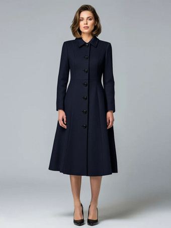 ダークネイビーシャツカラーのウールAラインミディコート（レディース）2025