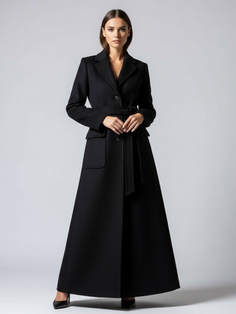 ブラック ベルト付きフルレングスマキシウールコート（ラペルと大きなポケット付き、レディース向け）2025年モデル