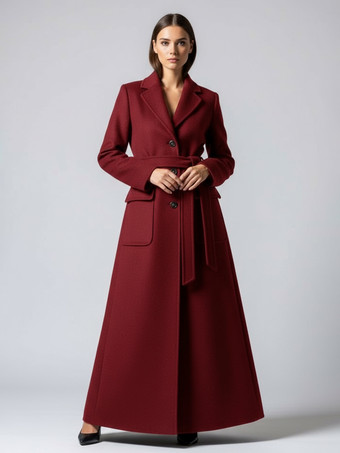 ワインレッド ベルト付きフルレングスマキシウールコート（ラペルと大きなポケット付き、レディース向け）2025年モデル