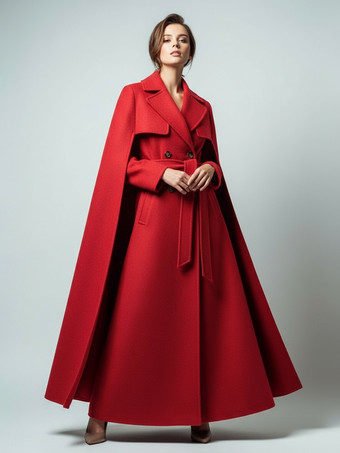レッド 取り外し可能なケープとベルト付きマキシダブルブレストウールコート（レディース 2025）