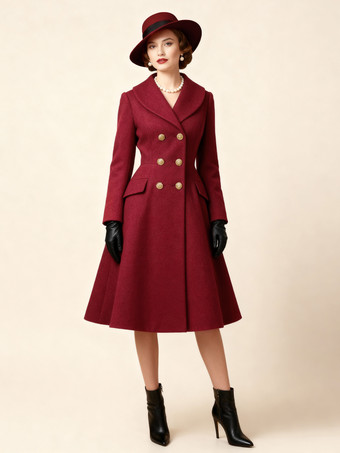 ワインレッド ヴィンテージAライン ダブルブレスト ウール フレア ミディコート レディース 2025
