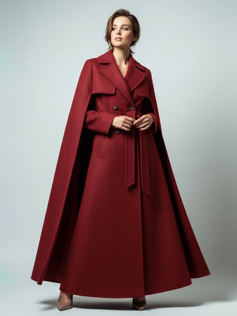 ワインレッド 取り外し可能なケープとベルト付きマキシダブルブレストウールコート（レディース 2025）